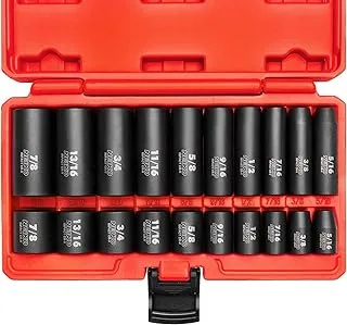 NEIKO 02434A 3/8” Drive Standard and Deep SAE Impact Socket Set | 20 Pieces | SAE 5/16” to 7/8” | Premium Cr-V Steel | 6-Point Hex Design | Black Phosphate Coating