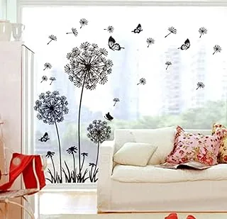 bpa Black Dandelions and Butterflies Flying In The Wind Wall Decals, Living Room Bedroom Removable Wall Stickers Murals