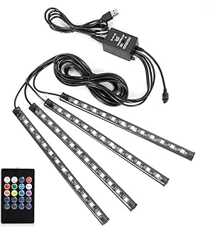 Car LED Strip Lights, 4pcs 48 USB LED Interior Lights, MultiColor Music Car Strip Light Under Dash Lighting Kit with Sound Active Function and Remote Controller, DC 5V