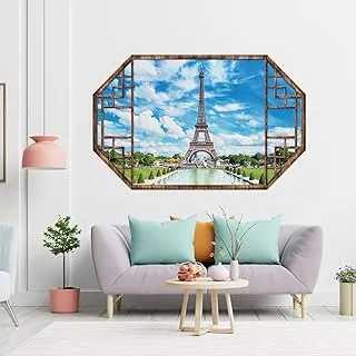 3D Eiffel Tower Fake Window Wall Stickers, Blue Sky Cloudscape Wall Decals, Removable Vinyl Faux Window Wall Mural, Wall Decor for Living Room Bedroom Bathroom 23.6”*35.4” (Jiang-window6)