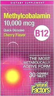 Natural Factors B12 ميثيل كوبالامين 10000 مكجم، الكرز، 30 قرصًا قابلاً للمضغ