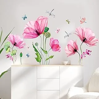 Pink Flowers Wall Sticker Green Leaves Wall Decals Waterproof Lotus Wall Sticker Floral Plant Vines Wall Decals Peel Stick Butterflies Wall Decals for Nursery Bedroom