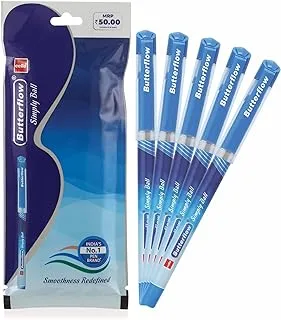 Cello Butterflow Simply Ball Pen | Pack of 5 Blue pens | Best Ball Pens for Smooth Writing | Writing Pens for School and Office Use | Ball Point Pen Set | Pens for exams