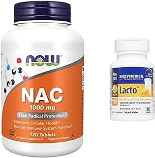 NOW Supplement Bundle Pack : Foods NAC 1000mg 120 Tabets + Enzymedica Lacto 30 Capsules