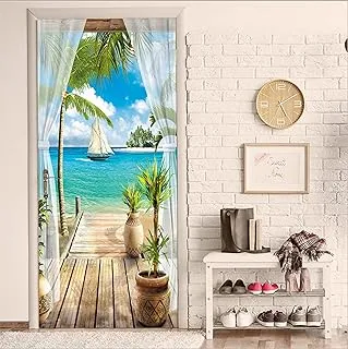 BPA 3D Blue Sky White Clouds Coconut Tree Landscape Self-Adhesive Door Wallpaper Murals Wall Stickers -Peel and Stick Door Poster for Home Decoration