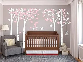 Giant Family Tree Wall Decals Forest Birch Tree Wall Stickers Birds Wall Art for Kids Room Nursery Bedroom Living Room Decoration (White,Pink)