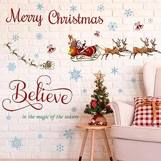 BPA Christmas Wall Decals Stickers Santa Sleigh and Reindeer Christmas Window Decoration Christmas Believe Quote Wall Stickers Santa Claus Vinyl Wall Decal for Home Window Clings Merry Christmas Decor