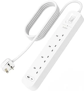 قطاع الطاقة Belkin 4-Outlet Surge Protector، قابل للتركيب على الحائط مع 4 منافذ تيار متردد، وسلك طاقة 2 متر، وضوء مؤشر أخضر - منفذ USB-C ومنفذ USB-A مع شحن سريع USB-C PD - 525 جول من الحماية