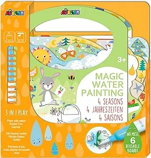 Avenir Magic Water Painting – 4 Seasons | 6 Reusable Coloring Surfaces, 2 Sheets of Repositionable Stickers, and Refillable Water Pen, Easy to Carry | Kids 3+