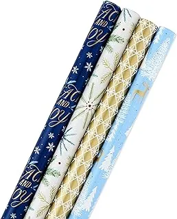 Hallmark Holiday Wrapping Paper Bundle with Cut Lines on Reverse, Elegant Woodland (Pack of 4, 120 sq. ft. TTL) Peace and Joy, Deer, Pinecones, Snowflakes, Blue, Gold