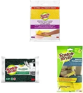 Scotch-Brite Sponge Cloth CLASSIC| 3+1 Free | 4 units/pack + Scotch-Brite Heavy Duty Classic Nail Saver Scrub Sponge | 1 unit/pack + Scotch-Brite | Strong Gloves Medium size | 1 pair/pack