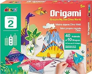 Avenir Origami - Dino World (Level 2) | Create 40 Roaring Dinosaurs - Detailed Instruction Booklet for Origami Fun - Giant Prehistoric Themed Poster with Card Characters for Kids 3+