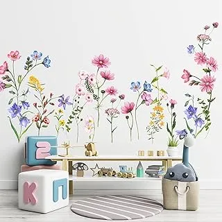 Colorful Flowers Vines Wall Decals, SMFANLIN Removable Green Plants Leaves Peel and Stick Wall Stickers, Elegant Floral Art Mural Wallpaper for Baby Kids Bedroom Bathroom Living Room Home Decoration