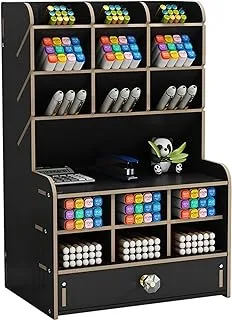 Marbrasse Upgraded Wooden Pencil Holder, Pen Organizer for Desk with 15 Compartments + Drawer, Desktop Stationary Storage Organizer Caddy, Easy Assembly (Black)