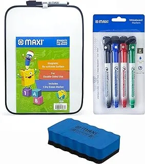 Maxi 2 Sided dry-wipe Whiteboard A4 (Assorted Color) + 4pcs Slim whiteboard Colour Markers 1-2mm, Child Safe Non-Toxic Inks, for Kids Adult Student Office School-Works on Most Non-Porous Surfaces