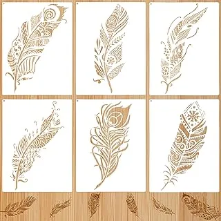 6 Pieces Decorative Mandala Feather Stencil Feather Wall Art Template DIY Drawing Stencils Reusable Painting Template with Metal Open Ring for Painting on Wood Wall Decor