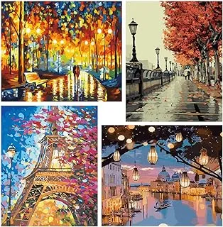 cupmod Paint by Number for Adults, 4 Pieces Paint by Numbers for Adults Beginner Drawing Paintwork with Paintbrushes Cityscape Paint Canvas Oil Painting 12X16inch