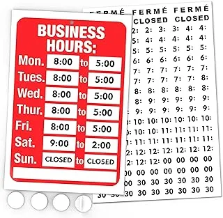 BPA Open Signs, Business Hours Sign Kit - Bright Red and White Colors - Includes 4 Free Double Sided Adhesive Pads and a Black Vinyl Number Sticker Set - Ideal Signs for Any Business, Store or Office