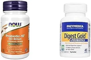 NOW Supplement Bundle Pack : Foods Probiotic-10 100 Billion 30 Veg Capsules + Enzymedica Digest Gold + Probiotics 45 Capsules