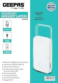 Geepas Rechargeable Emergency Lantern, High Bright LED, GE51036 | USB Mobile Charging | 3.7V 4800mAh Lithium Battery | 8hrs Working | Suitable for Power Outages with Portable Handle