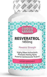 Oladole Natural Resveratrol- 1450mg (60 Tablets) | High Potency Antioxidant Supports Heart Health, Immune System, Boost Energy, Skin Radiance & Joint Vitality | Non-GMO, Gluten-Free