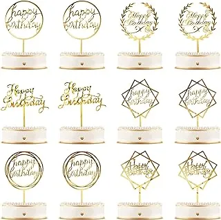 12 Pieces Acrylic Happy Birthday Cake Topper Glitter Birthday Cupcake Topper Pick Decorations for Birthday Party Cake Desserts Pastries, 6 Styles (Gold)