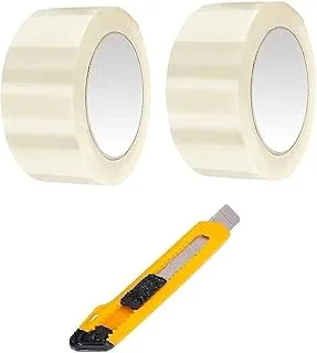 Pack of 2 Heavy Duty Clear Packing Tape (2 Inch Wide x 100 Yards) with Auto Lock Handy Cutter for Office, Shipping, Moving and Storage