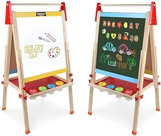 COOLBABY Kids Wooden Art Easel Double-Sided Whiteboard and Chalkboard Adjustable Standing Easel Painting Drawing Board with Paper Roll Holder Magnetic Letters and Numbers Accessories