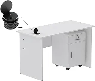 Mahmayi Modern MP1 120x60 Writing Study Table with Drawers attached with 51-1H Round Desktop Power Module 1xUSB Slot & 1xEthernet utility port for Office Desk, Confernece Room Table - White