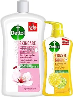 Dettol Fresh Showergel & Bodywash for effective Germ Protection & Personal Hygiene, Citrus & Orange Blossom Fragrance 700ml + Dettol Skincare Hand Wash Liquid Soap Refill, 1L