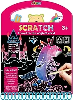 Avenir Scratch - Travel to the Magical World | Unleash Creativity & Wonder, Reveal Hidden Illustrations by Scratching | Personalize with Charming Stickers – For Kids 3+