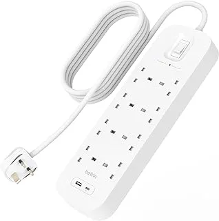 قطاع الطاقة Belkin 8-Outlet Surge Protector، قابل للتركيب على الحائط مع 8 منافذ تيار متردد، وسلك طاقة 2 متر، وضوء مؤشر أخضر - منفذ USB-C ومنفذ USB-A مع شحن سريع USB-C PD - 900 جول من الحماية