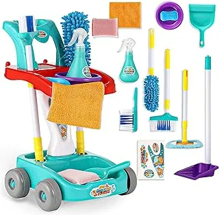 KLT Kids Cleaning Set, Pretend Play Detachable Housekeeping Cart, Cleaner Toddler Toys, Cleaning Supplies Toy for Kids Toddler Boy and Girl with Kids Broom Mop Dustpan Set Cleaning Tools 11 Pcs