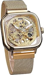 FORSINING Automatic Watches Mechanical Wrist Watch Golden for Mens Skeleton Watches with Stainless Steel Transparent Dial with Royal Flower Movement Carving