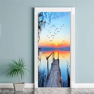 BPA 3D Door Murals Peel and Stick Wall Sticker Wallpaper DIY Home Art Decals Decoration Poster Removable Self-Adhesive Sunset Sea Bridge 30.3x78.7