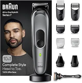 Braun 10 in 1 Style Kit 7 MGK7420 Beard, Body, Hair. With Metal Blade, 100min Runtime, Pouch, Multi Grooming All in One Kit - Silver