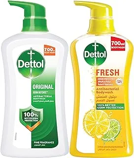 Dettol Original Shower Gel and Body Wash, Pine Fragrance 700ml + Dettol Fresh Shower Gel and Body Wash, Citrus & Orange Blossom Fragrance 700Ml