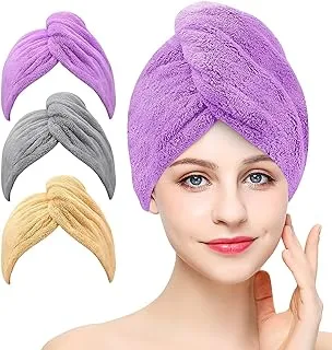 Mumoo Bear 3 Pack Microfiber Hair Drying Towel Wrap Super Absorbent Twist Turban Fast Dry Hair Caps with Buttons Bath Loop Fasten Salon Dry Hair Hat