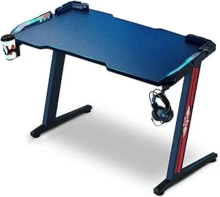 SKY-TOUCH Gaming Desk,Ergonomic Computer and Gaming Table Z Shaped for Pc, Workstation, Home, Office with LED Lights Carbon Fiber Surface,Cup Holder and Headphone Hook,Blue120×60×75cm