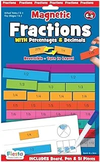 Fiesta Crafts Fractions Resources for Children - Double Sided Magnetic Numbers with Decimals & Percentages for Learning Math - Board, Dry Wipe Pen & 51 Magnetic Tiles - Educational Girl & Boy Gifts