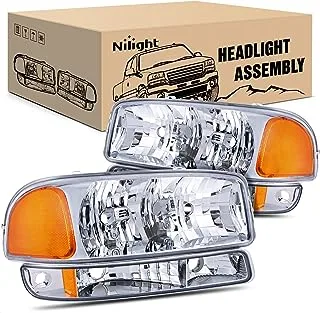 Nilight 1999 2000 2001 2002 2003 2004 2005 2006 Sierra Yukon Headlight Assembly,Chrome Housing Amber Corner Clear Lens,Headlights Assembly Replacement,4 Pack