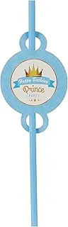 Goldedge 10pc Plastic Reusable Light Blue Color Straws Printed on Banner Ribbon Happy Birthday Prince with Crown Print top for Boys Party & Occasions Medium DI-119