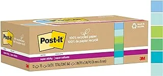 Post-it 100% Recycled Paper Super Sticky Notes, 2X The Sticking Power, 3x3 in, 12 Pads, 70 Sheets/Pad, Oasis Collection (654R-12SST)