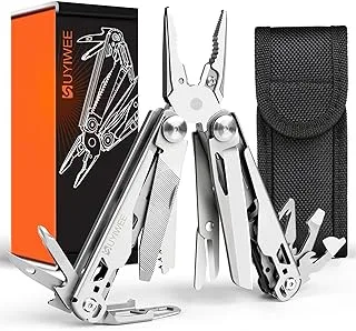 SUYIWEE Multitool 19 في 1 مع قفل أمان، كماشة احترافية من الفولاذ المقاوم للصدأ 440A أداة جيب متعددة الأدوات، أدوات متعددة قابلة للطي مع غمد من النايلون للاستخدام في الهواء الطلق، والبقاء على قيد الحياة، والتخييم، والمشي لمسافات طويلة، والإصلاح