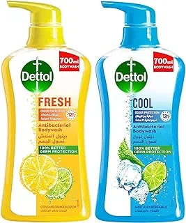 Dettol Fresh Showergel & Bodywash, Citrus & Orange Blossom Fragrance, 700ml + Dettol Instant Cool Menthol & Eucalyptus Liquid Antibacterial Body Wash, 700ml