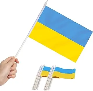 BPA Ukraine Mini Flag 12 Pack - Hand Held Small Miniature Ukrainian Flags on Stick - Fade Resistant & Vivid Colors - 5x8 Inch with Solid Pole & Spear Top