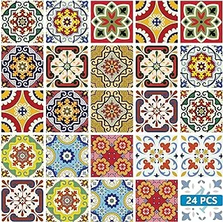 Mi Alma Backsplash Tile Stickers 24 PC Set Authentic Traditional Talavera Tiles Stickersl Bathroom & Kitchen Tile Decals Easy to Apply Just Peel and Stick Home Decor 4x4 Inch (Mexican Tile Art)