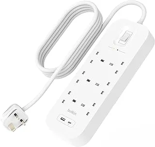 شريط طاقة Belkin 6-Outlet Surge Protector ، قابل للتثبيت على الحائط مع 6 منافذ تيار متردد ، وسلك طاقة 2 متر ، وضوء مؤشر أخضر - منفذ USB-C ومنفذ USB-A مع شحن سريع USB-C PD - 650 جول من الحماية