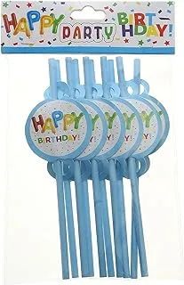 Goldedge 10pc Plastic Reusable Blue Color Straws Printed Happy Birthday & Confetti Used in Party Occasion For All Ages of Boys Men Medium DI-79