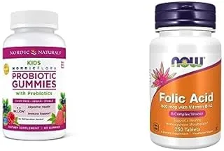 Nordic Naturals Supplement Bundle Pack : Now Folic Acid 800 mcg with Vitamin B-12 250 Tablets + Nordic Naturals Probiotic 60 Gummies